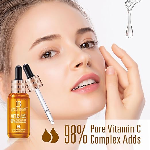 Lakyou Beauty Vitamin C Face Serum 98% Pure Vitamin C Complex Ads for Luminous Glow Brightening Firming & Repairing 50ml