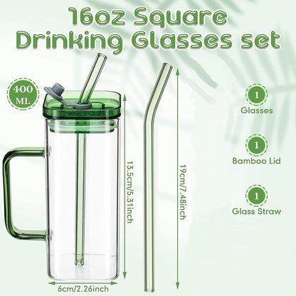 Borosilicate Transparent Square Glass Mug Tumbler With Plastic Lid And Sipper Straw 55501
