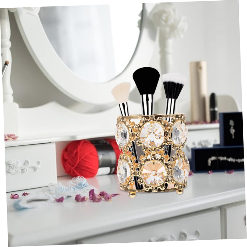 Multipurpose Round Shape Crystal And Gold Nug Pen Makeup Brush Holder