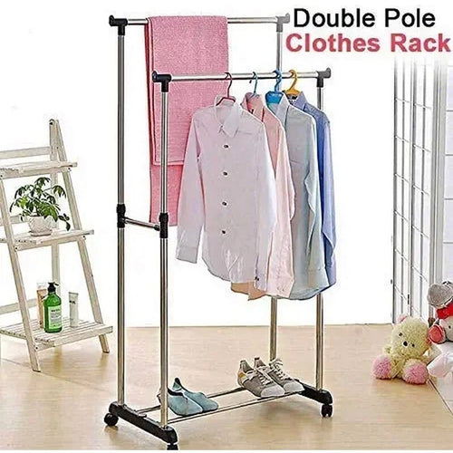 Portable Double Pole 2 Layer Cloth Drying Stand Hanging Rack