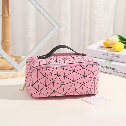 Portable Women's Travel PU Leather Cosmetic Organizer Bag with Rhombic Lattice Zipper