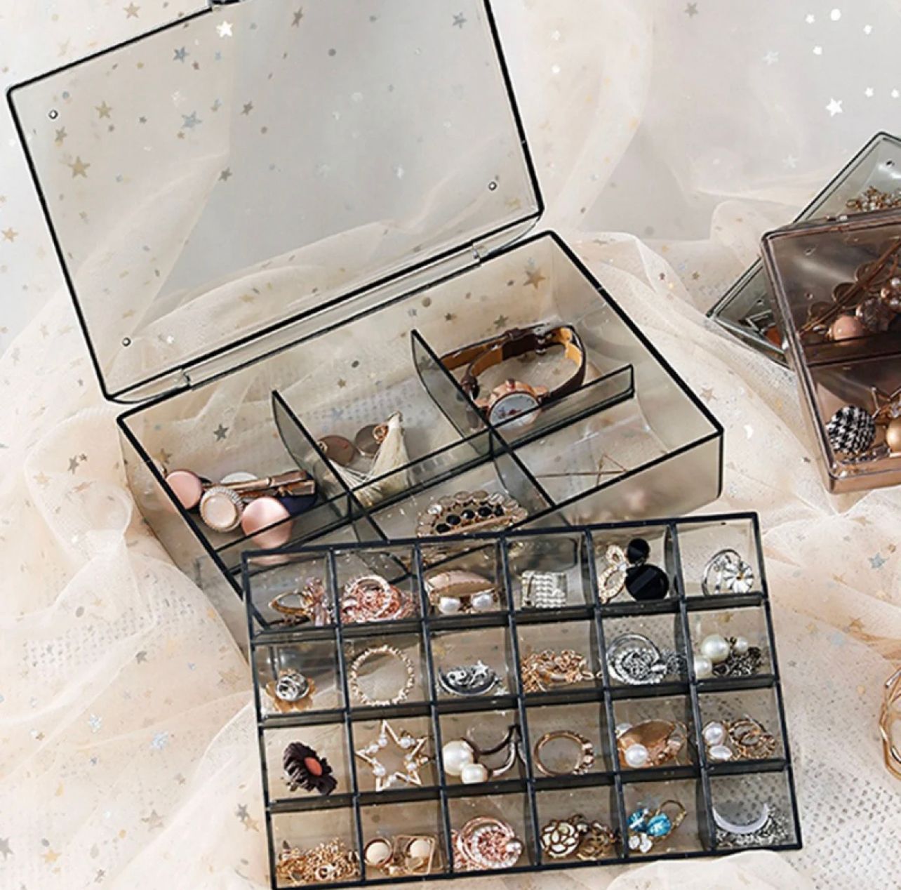 2 Layer Multi Grid Jewellery Organizer - Clear Storage Box For Earrings & Necklaces