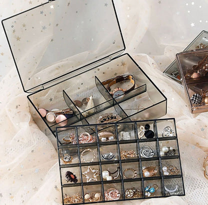 2 Layer Multi Grid Jewellery Organizer - Clear Storage Box For Earrings & Necklaces