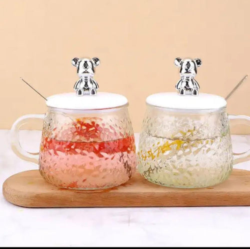 ﻿Cute Glass Coffee Mug Milk Cup With Spoon And Cartoon Bear Silicone Lid