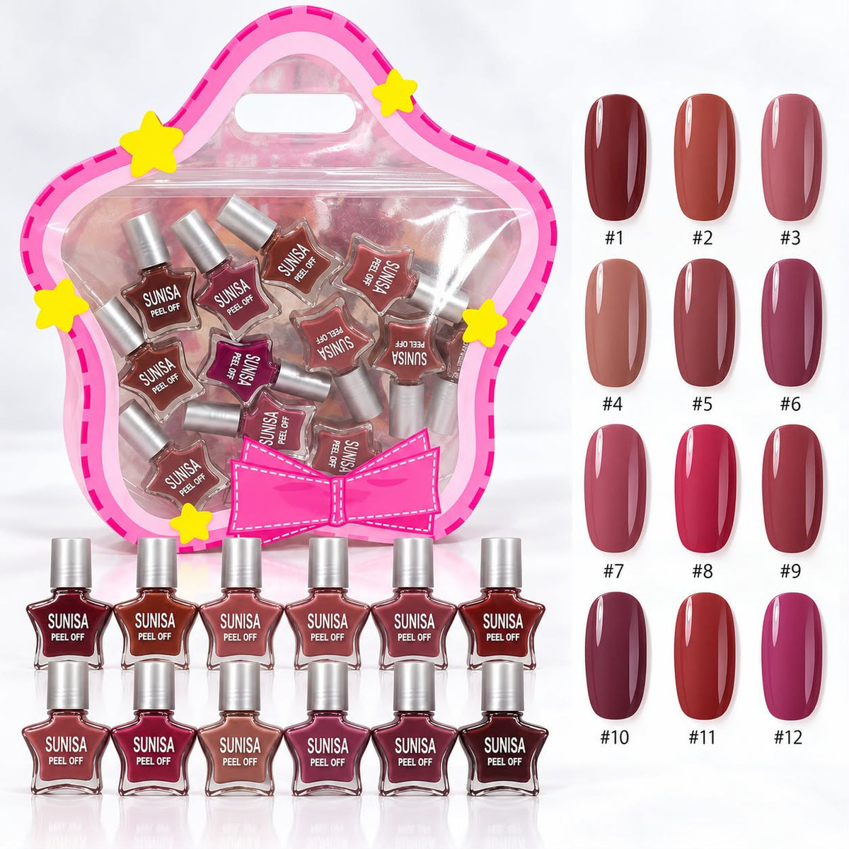 Sunisa Peel-Off Nail Polish Set – 12 Pieces