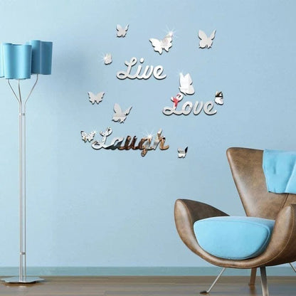 Live Love Laugh With Butterfly Acrylic Wall Sticker Silver Color