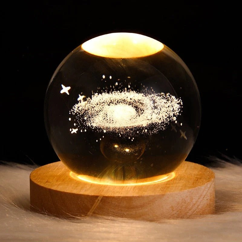 Night Lights 3D Solar System Crystal Ball Night Light Warm White Wooden Base Fantasy Decoration Ball Projection Lamp