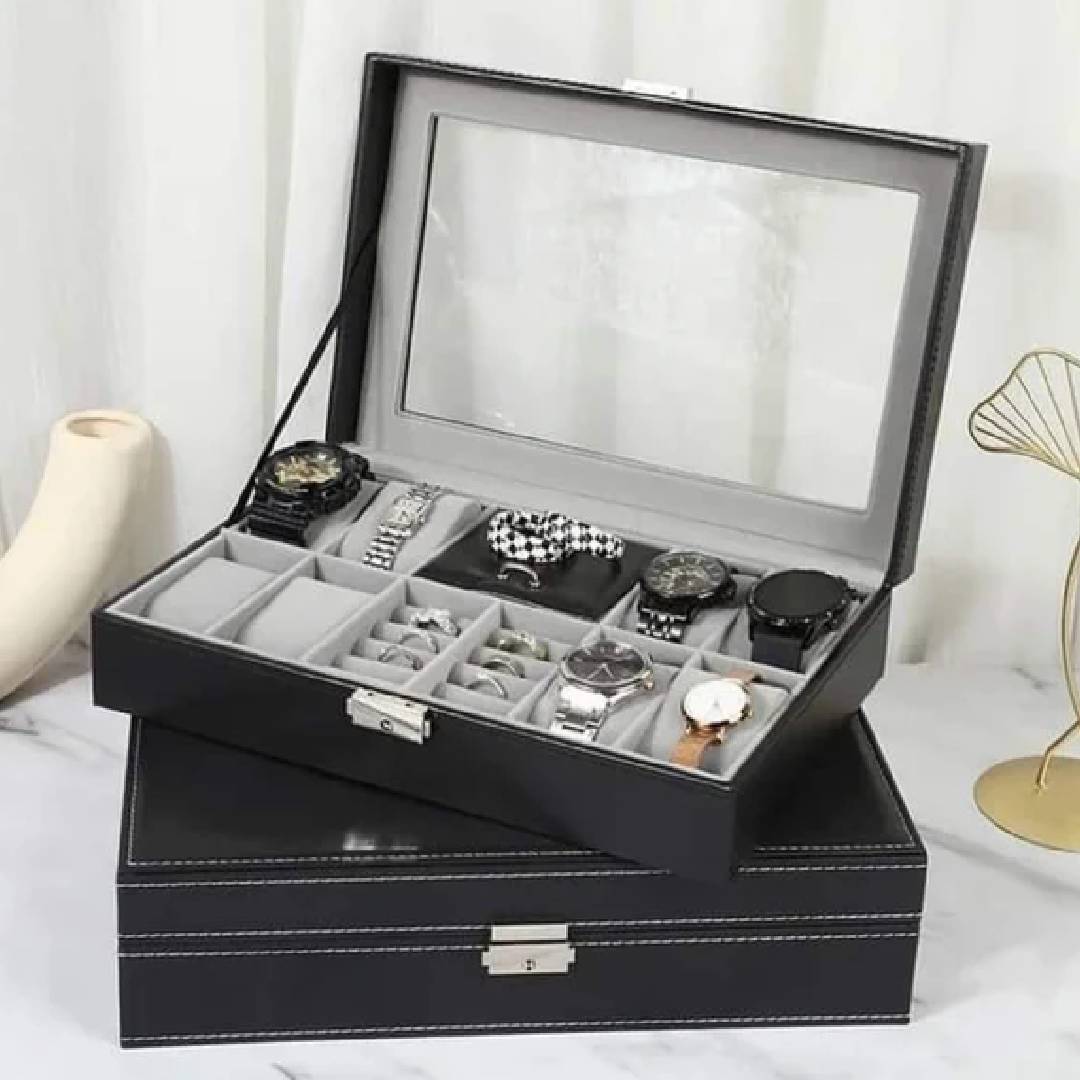 8 Slot PU Leather Watch + Ring Organizer Leather Watch Box With Lock System