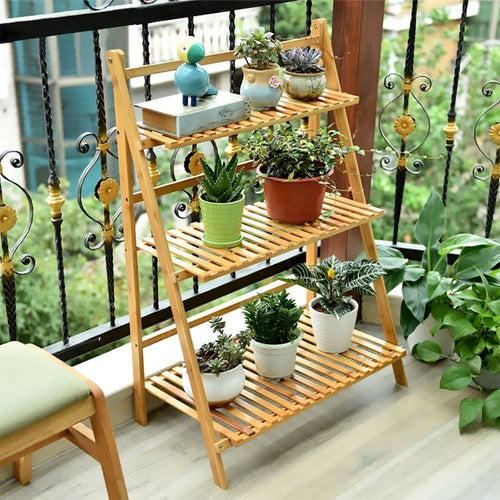 Multipurpose 3 Tier Foldable Wooden Flower Plant Pots Rack Stand Ladder Shelf