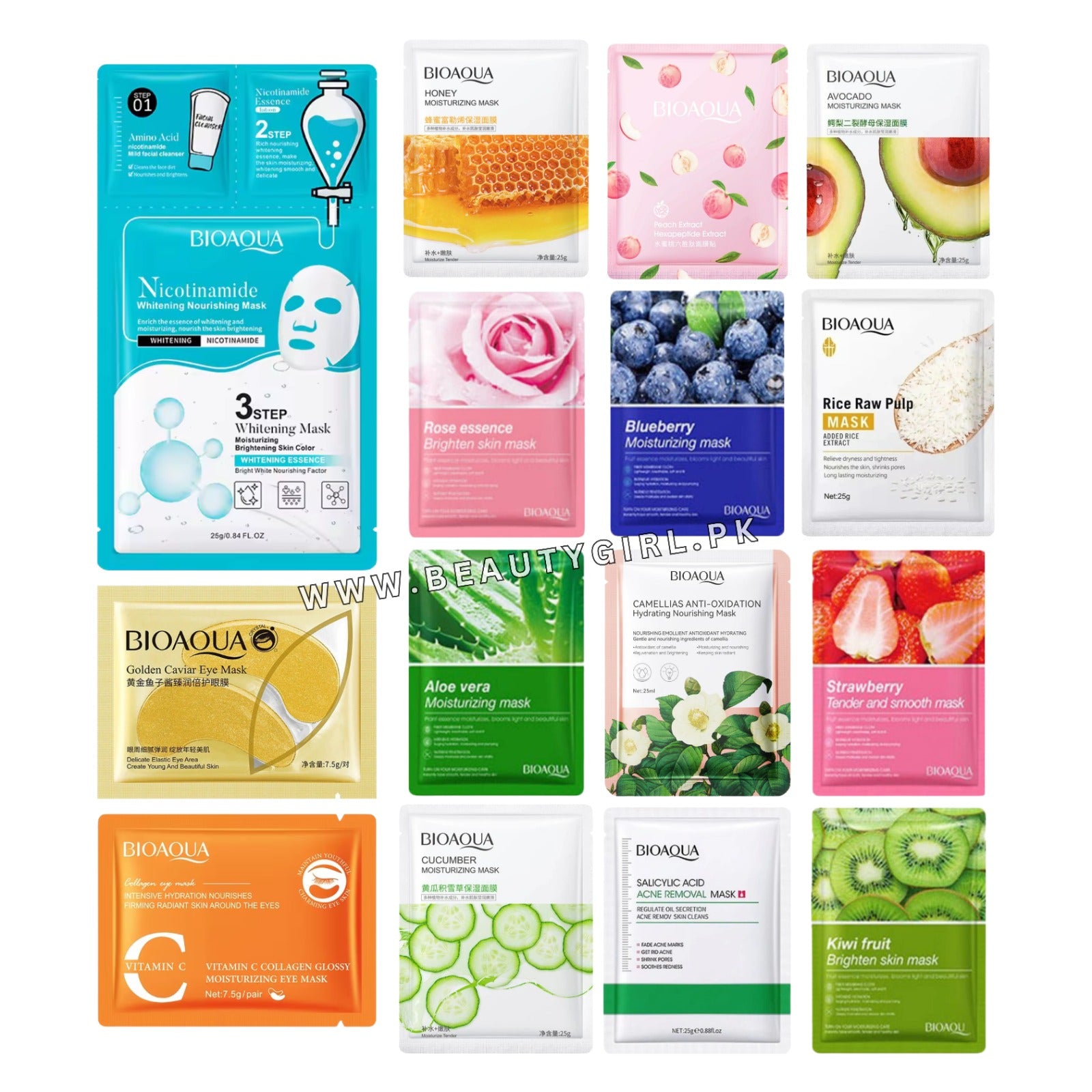 Bioaqua Hydrating, Brightening & Nourishing Facial Mask Set – 15 Pcs Sheet Mask Collection