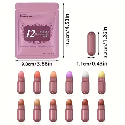 LMG Broths 12 Colors Thermochromic Lipstick Set  Color Changing Capsule Lipsticks Moisturizing Long Lasting Lip Balm