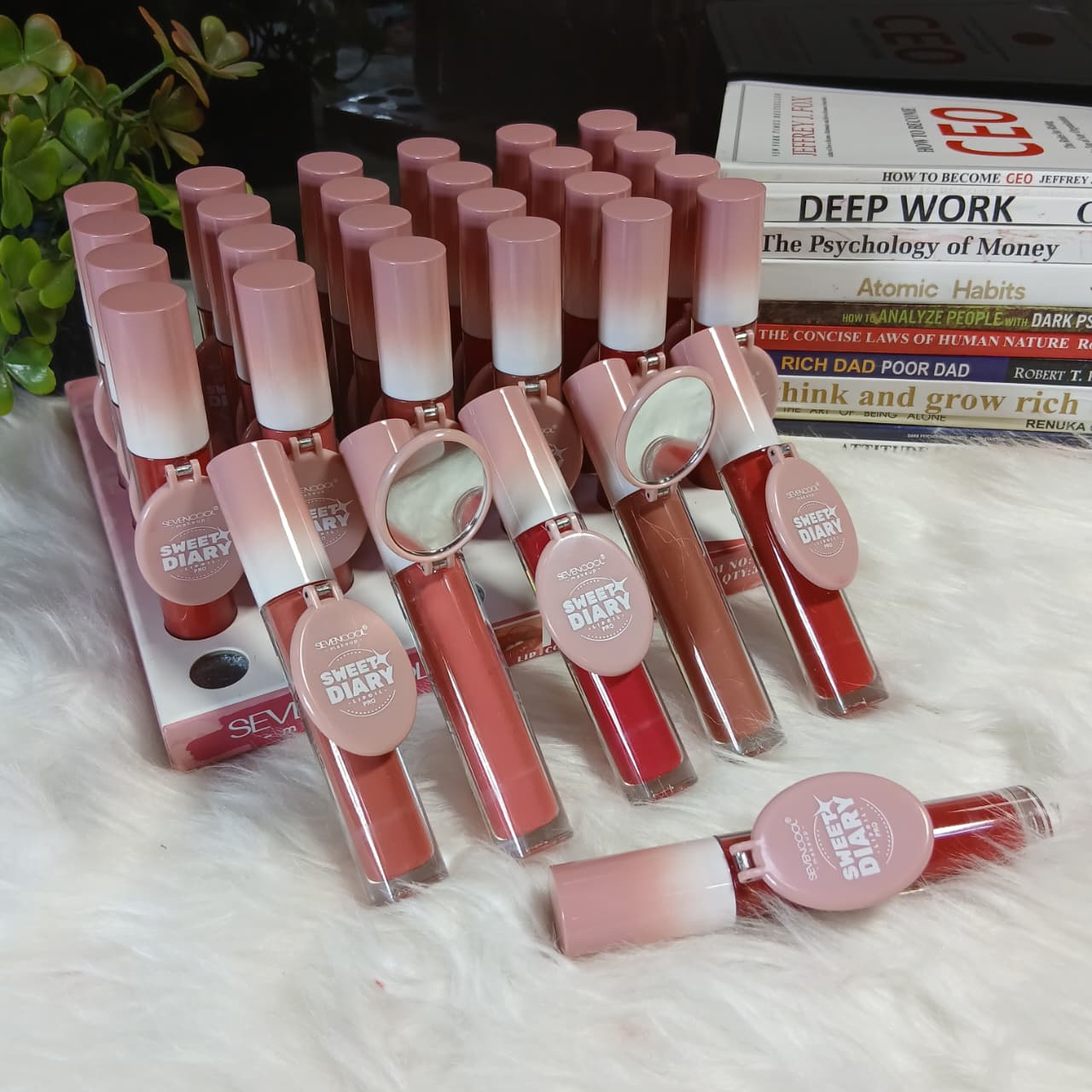 Sweet Diary Pro Long-Lasting Hydrating Liquid Lip Gloss with Built-in Mirror – Matte & Shiny Shades for All-Day Wear