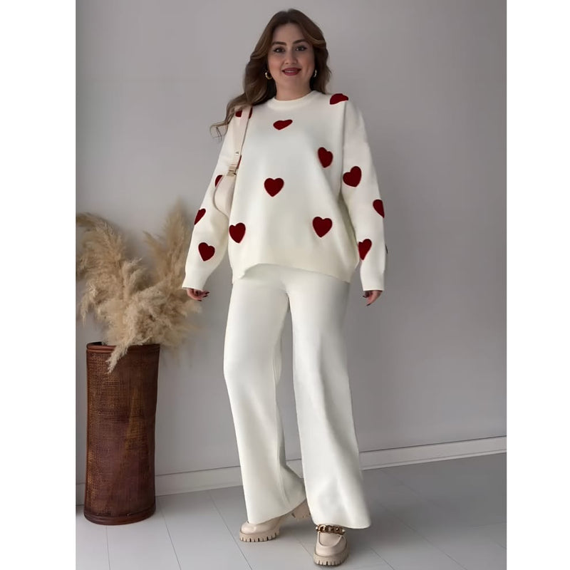 Premium Fleece 2 Piece Heart Print Co-Ord Set For Winter