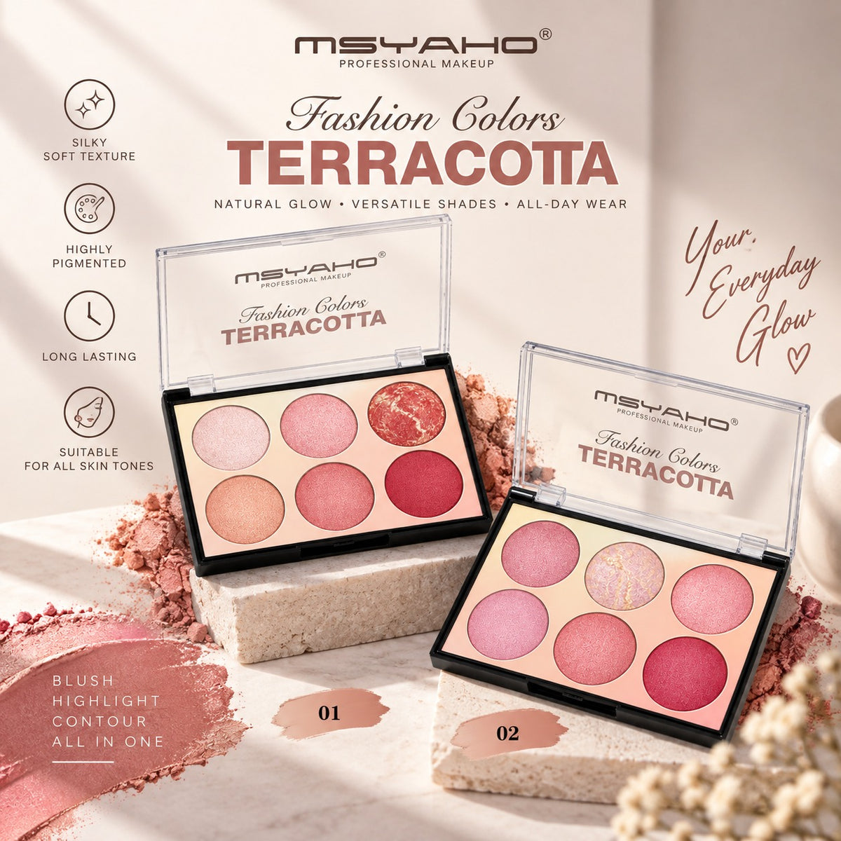 MSYAHO Fashion Colors Terracotta Blusher + Highlighter All in One Palette