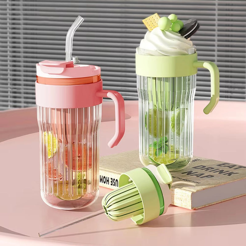 Portable Glass Drinking Cup Water Bottle with Straw & Infuser Large Capacity 550ml