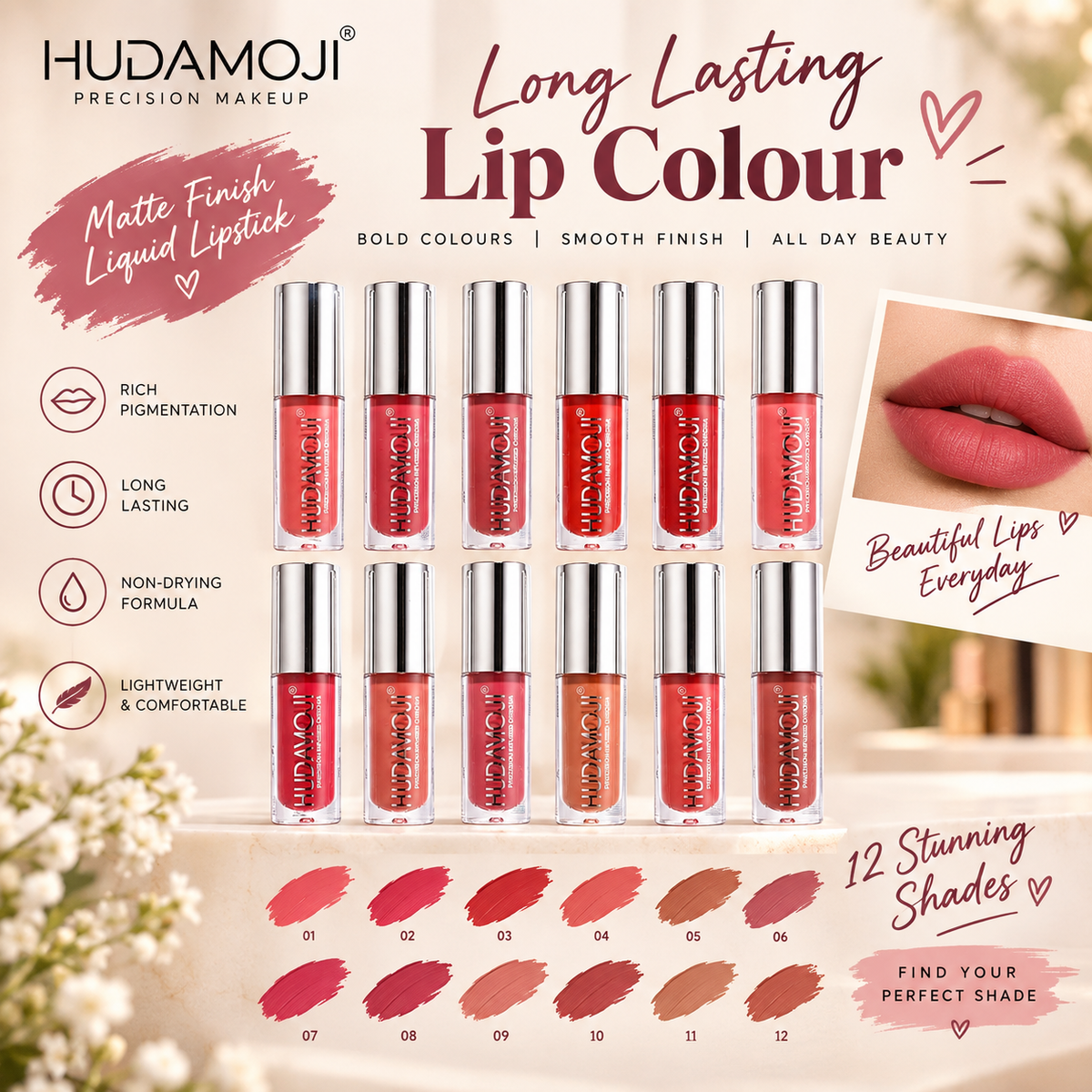 Hudamoji 12-Shade Precision-Infused Chroma Liquid Lip Gloss Set