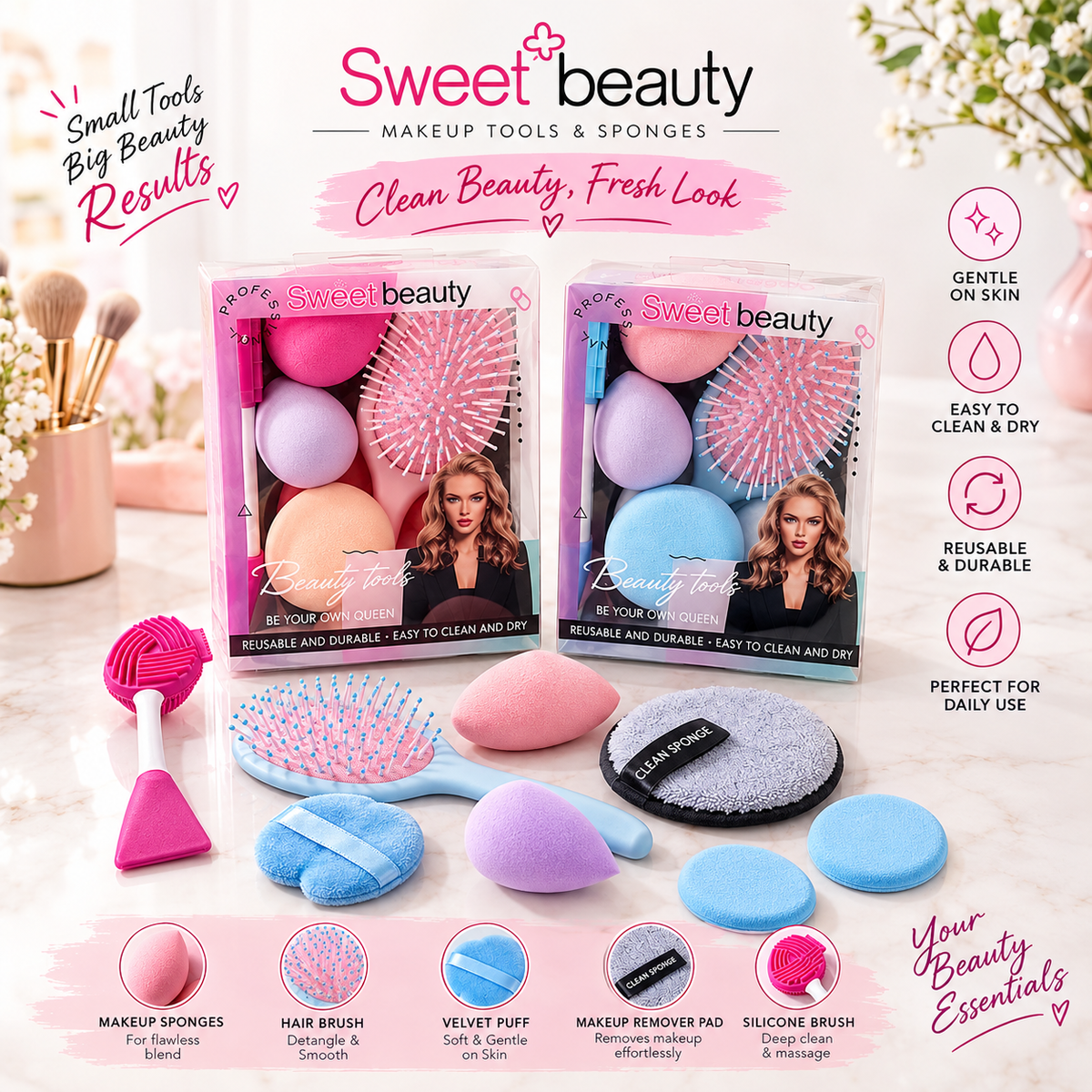 Sweet Beauty Professional Makeup & Beauty Tools Set – Makeup Sponges, Hair Brush, Velvet Puffs & Cleansing Accessories