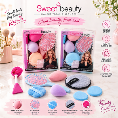 Sweet Beauty Professional Makeup & Beauty Tools Set – Makeup Sponges, Hair Brush, Velvet Puffs & Cleansing Accessories