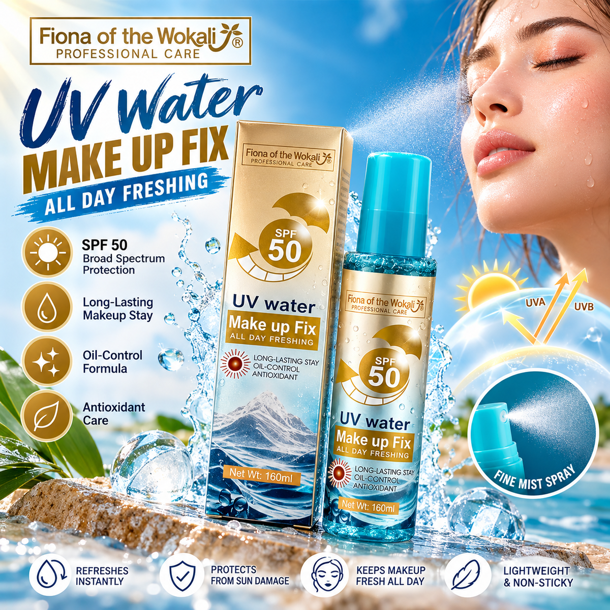 Fiona of the Wokali UV Water Makeup Fix Spray SPF 50 160ml