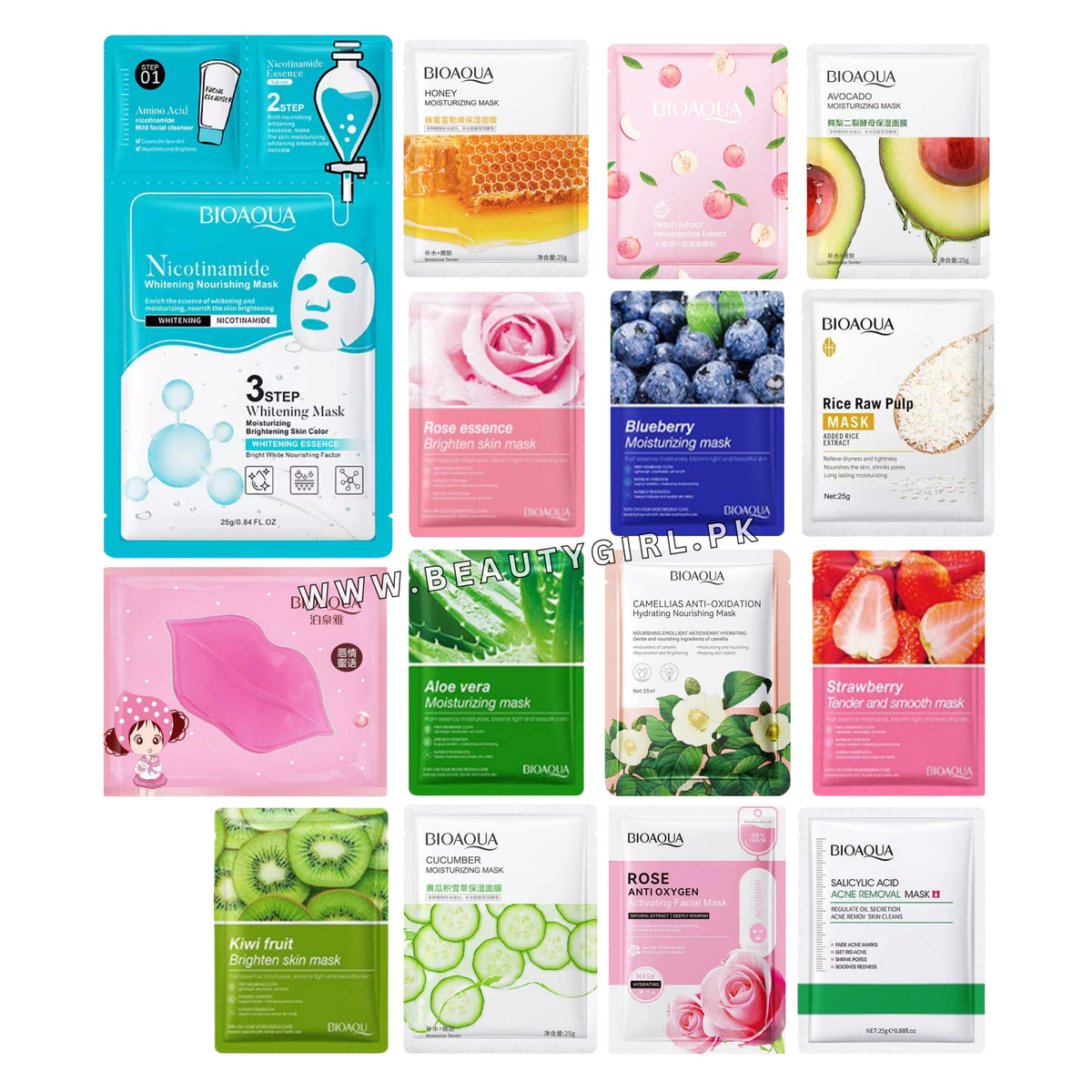 Bioaqua Hydrating, Brightening & Nourishing Facial Mask Set – 15 Pcs Sheet Mask Collection