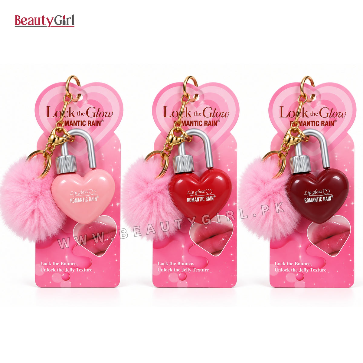 Romantic Rain Lock Style Cute Heart Shape Lip Gloss Pack of 3