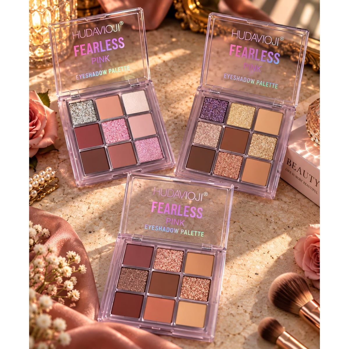 Hudamoji Fearless Pink Eyeshadow Palettes – Pack of 3