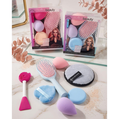 Sweet Beauty Professional Makeup & Beauty Tools Set – Makeup Sponges, Hair Brush, Velvet Puffs & Cleansing Accessories