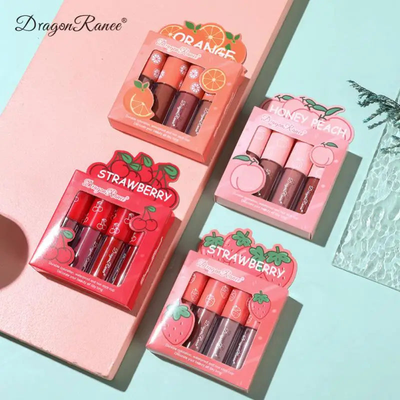 Dragon Ranee 4 Pcs Velvet Matte Lip Glaze Set Fruit Gloss Lip