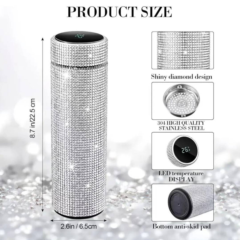 Diamond Rhinestone LED Temperature Display Stainless Steel Thermal Insulated Water Bottle 500ml