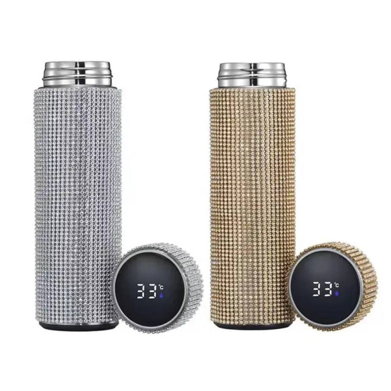 Diamond Rhinestone LED Temperature Display Stainless Steel Thermal Insulated Water Bottle 500ml