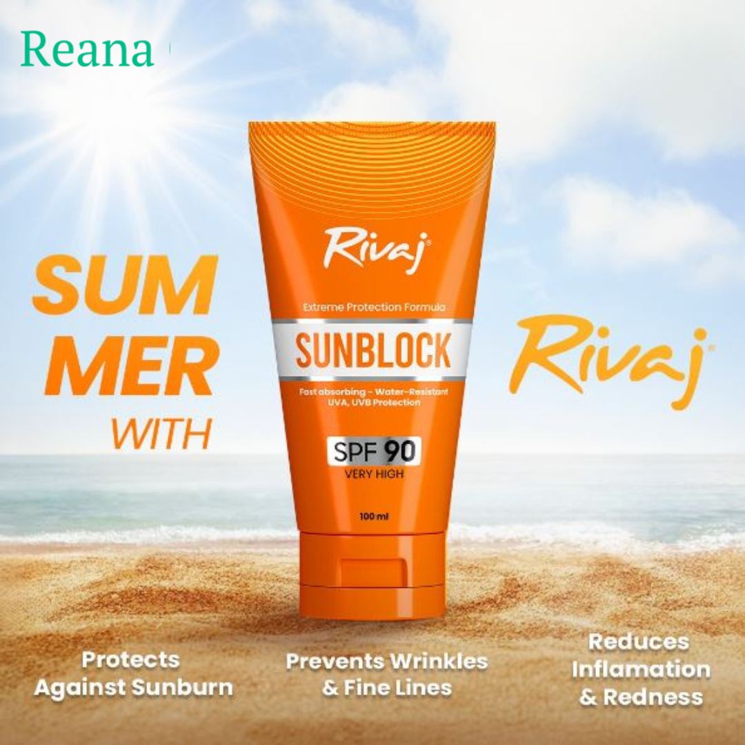 Rivaj SPF90 Sunblock 100ml Oil Free Sunscreen Protection All Skin Types Tones Lifestyles.