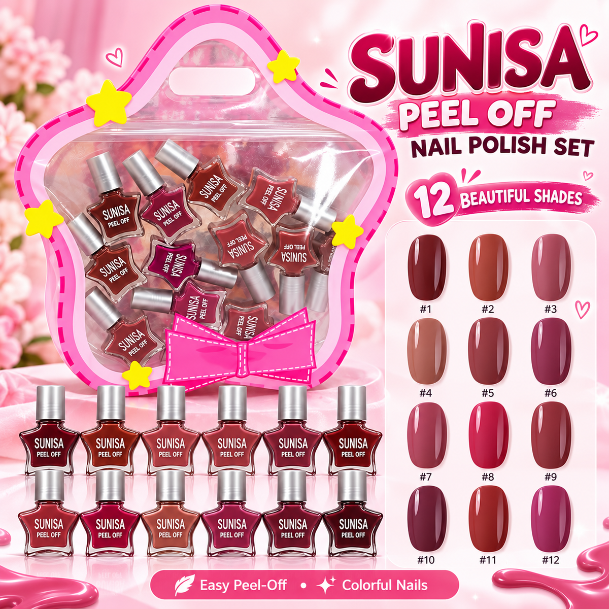 Sunisa Peel-Off Nail Polish Set – 12 Pieces