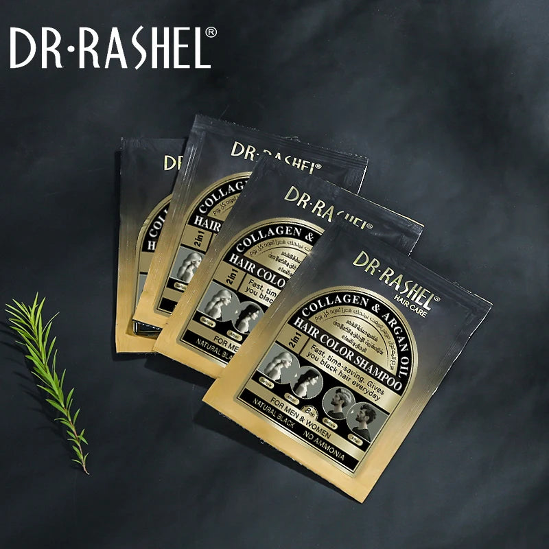 Dr Rashel 2in1 Collagen And Argan Oil Hair Color Shampoo For Men And Women 10 Sachet In Box Black Color