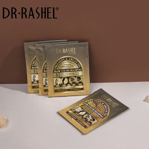 Dr Rashel 2in1 Collagen And Argan Oil Hair Color Shampoo For Men And Women 10 Sachet In Box Dark Brown Color