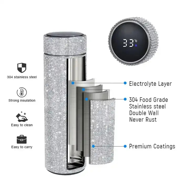 Diamond Rhinestone LED Temperature Display Stainless Steel Thermal Insulated Water Bottle 500ml