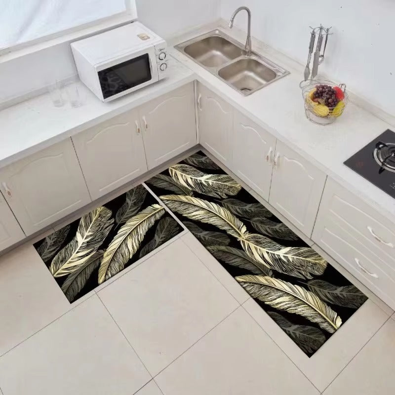 Anti Slip Absorbent Kitchen Floor Mat Washable Pair Of 2Pcs Black With Golden Leaf Design