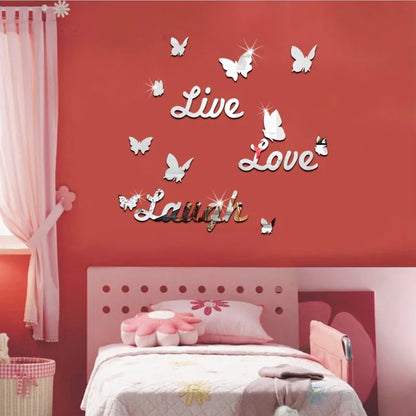 Live Love Laugh With Butterfly Acrylic Wall Sticker Silver Color