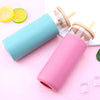 High Borosilicate Glass Water Bottle with Lid Straw And Silicone Cover Round Shape 550ml