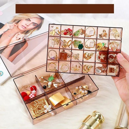 2 Layer Multi Grid Jewellery Organizer - Clear Storage Box For Earrings & Necklaces