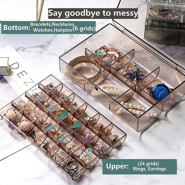 2 Layer Multi Grid Jewellery Organizer - Clear Storage Box For Earrings & Necklaces