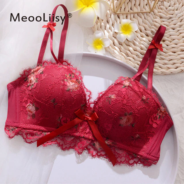 Beautygirl Cute Lace Flower Embroided Adjustable Straps Push Up Bridal Padded Bra and panty 017 Color Pink