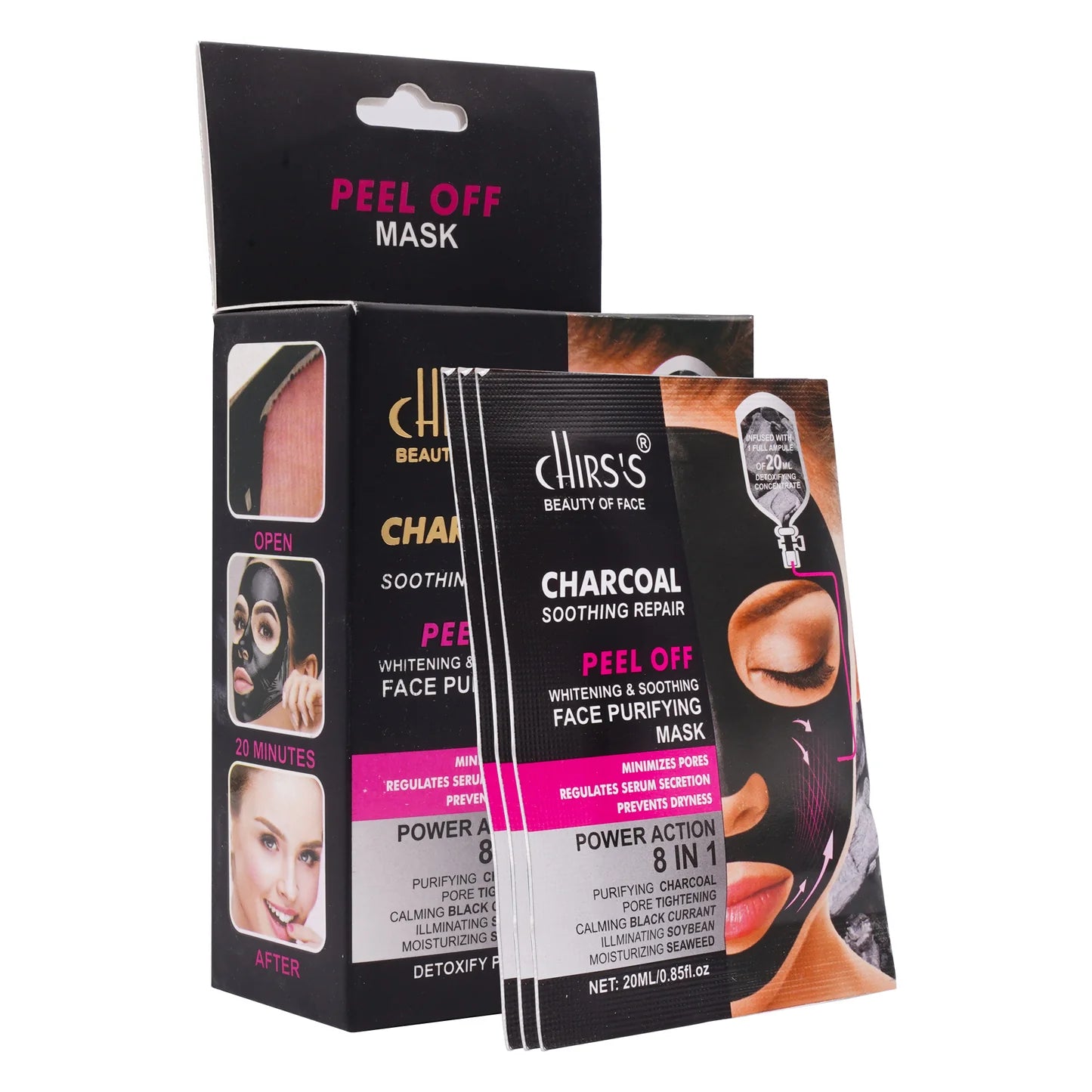 CHIRS'S Charcoal Soothing Repair Peel Off Face Purifying Mask 8 In 1 Power Action Pack of 10 Sachet