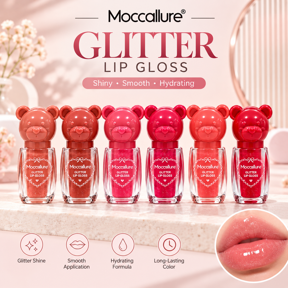 Mocallure Bear Head Glitter Lip Gloss – Pack of 6