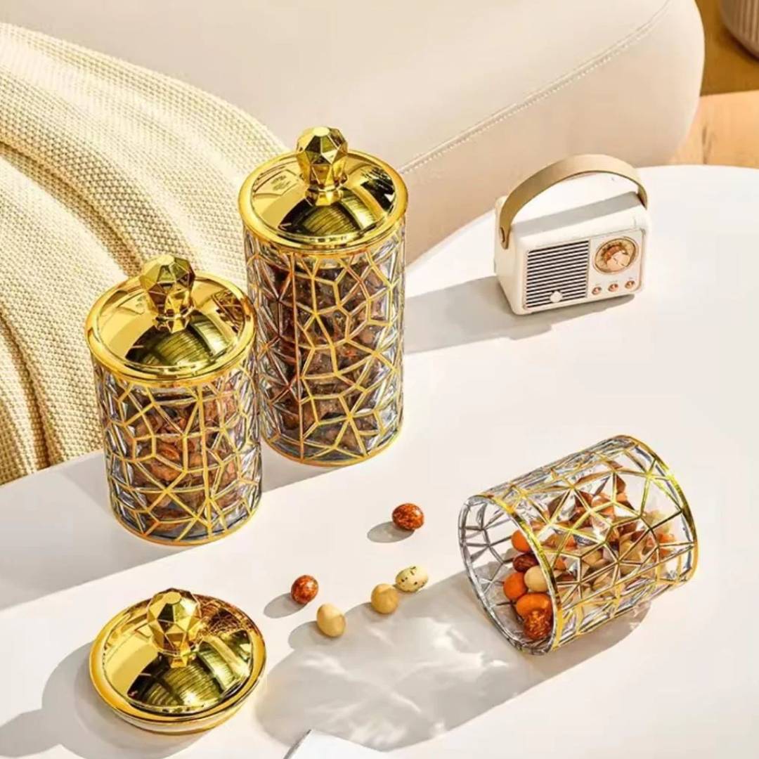 Multifunctional Arabian Style Transparent Sealed Jar Storage Container With Airtight Golden Lid