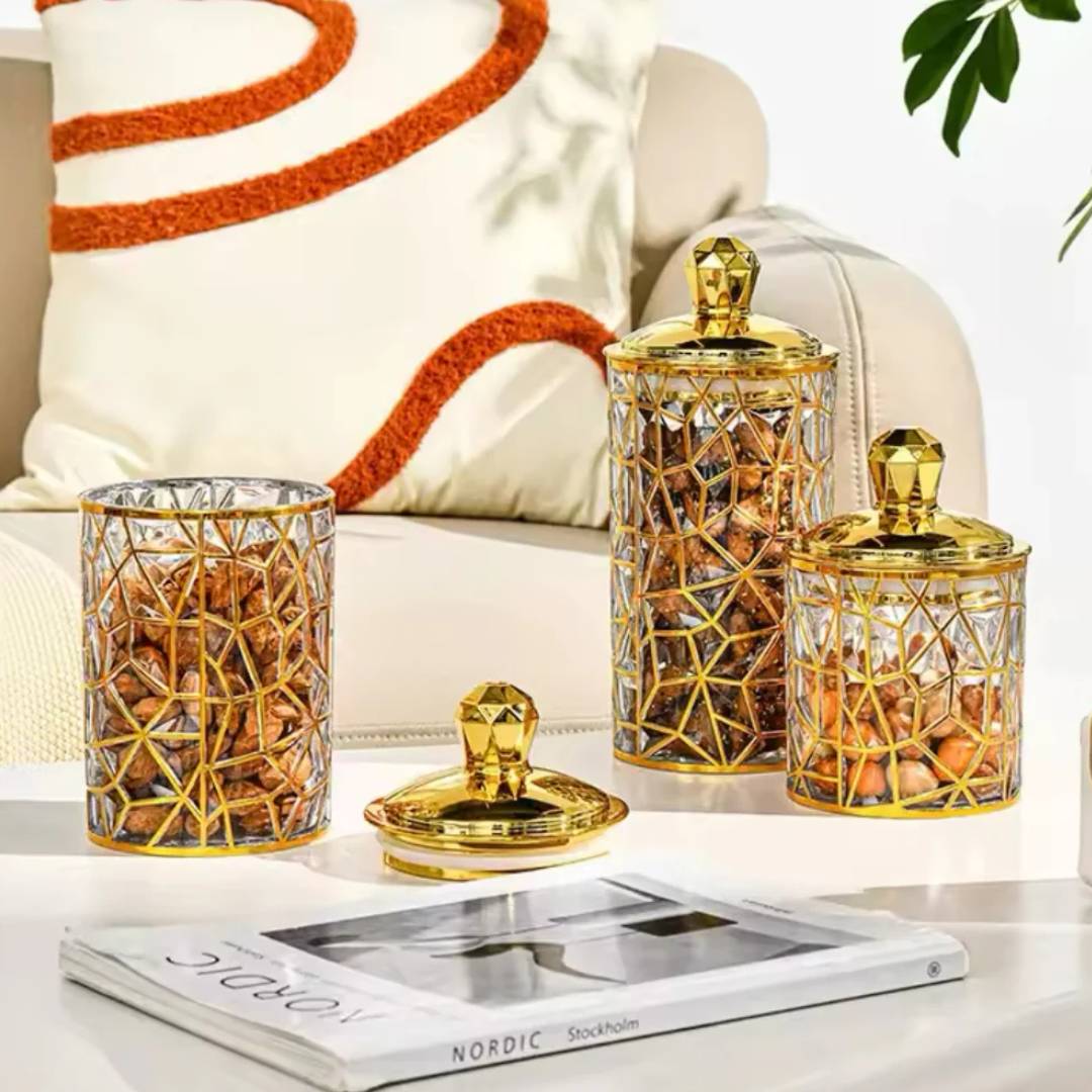 Multifunctional Arabian Style Transparent Sealed Jar Storage Container With Airtight Golden Lid