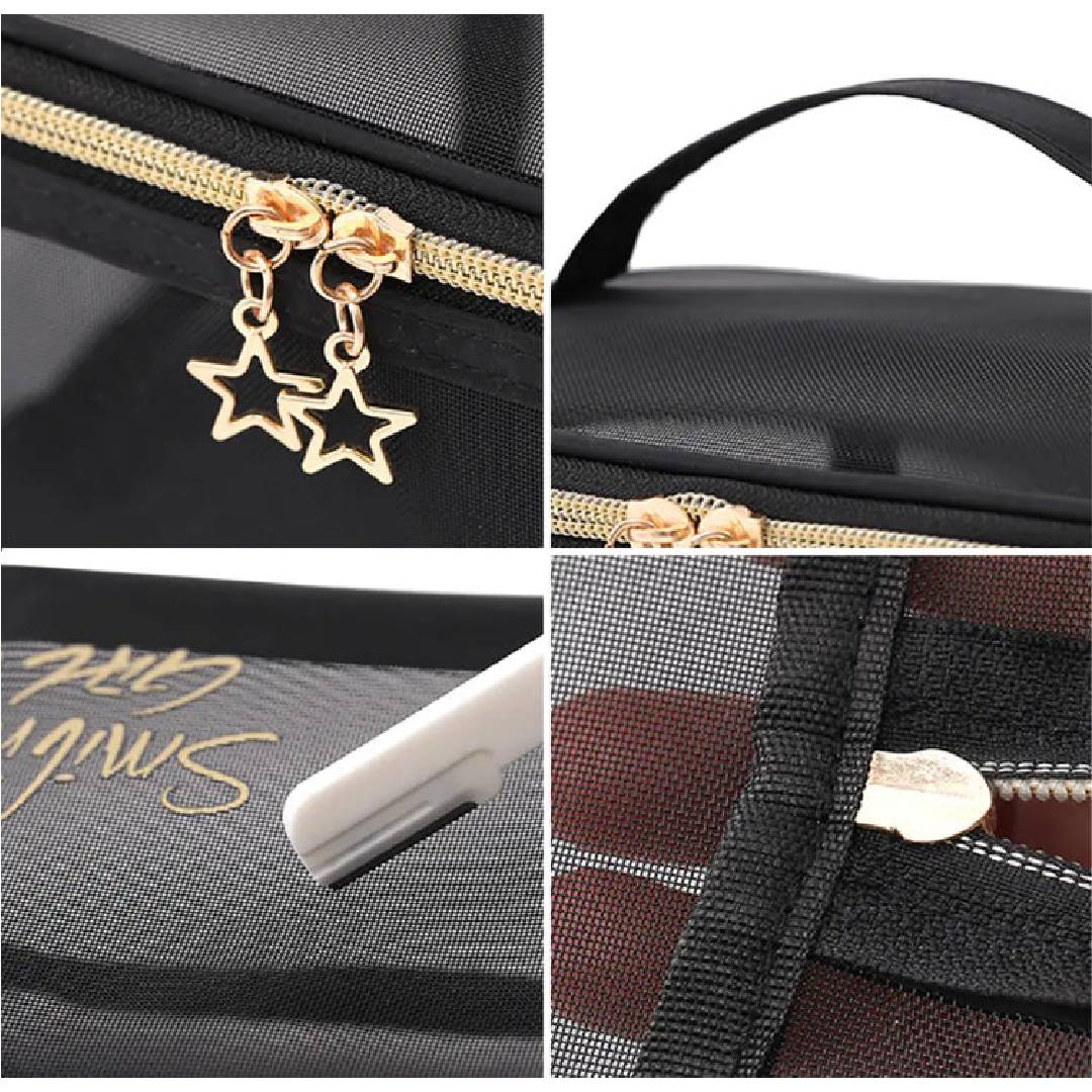 Multipurpose Smiling Girl Black Mesh Zipper Makeup Bag Cosmetic Pouch Travel Organizer 5 Pcs Set