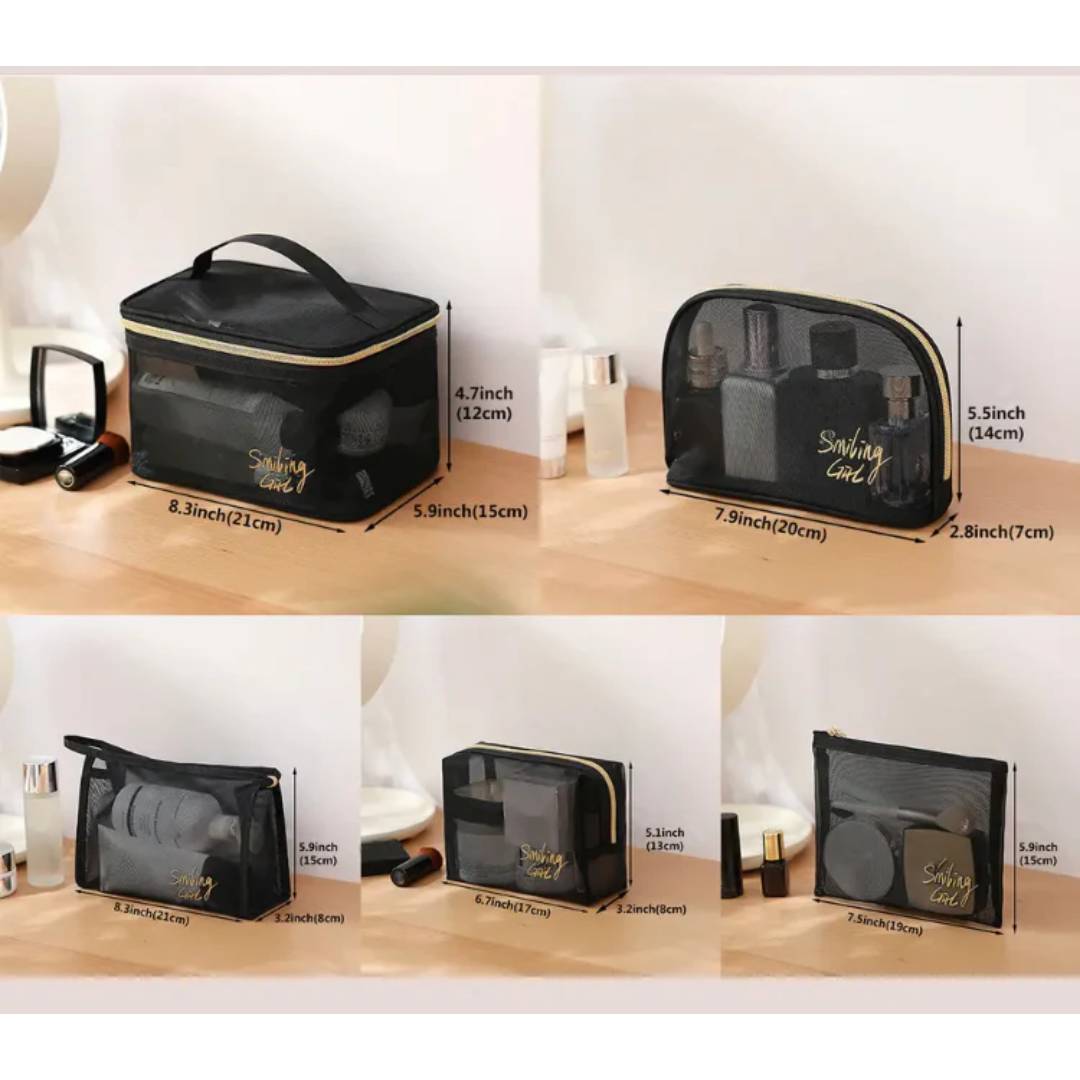 Multipurpose Smiling Girl Black Mesh Zipper Makeup Bag Cosmetic Pouch Travel Organizer 5 Pcs Set