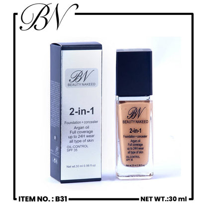 BN Beauty Nakeed 2-in-1 Foundation Concealer Argan Oil Full Coverage Upto 24H Wear All Type Skin Oil Control SPF35