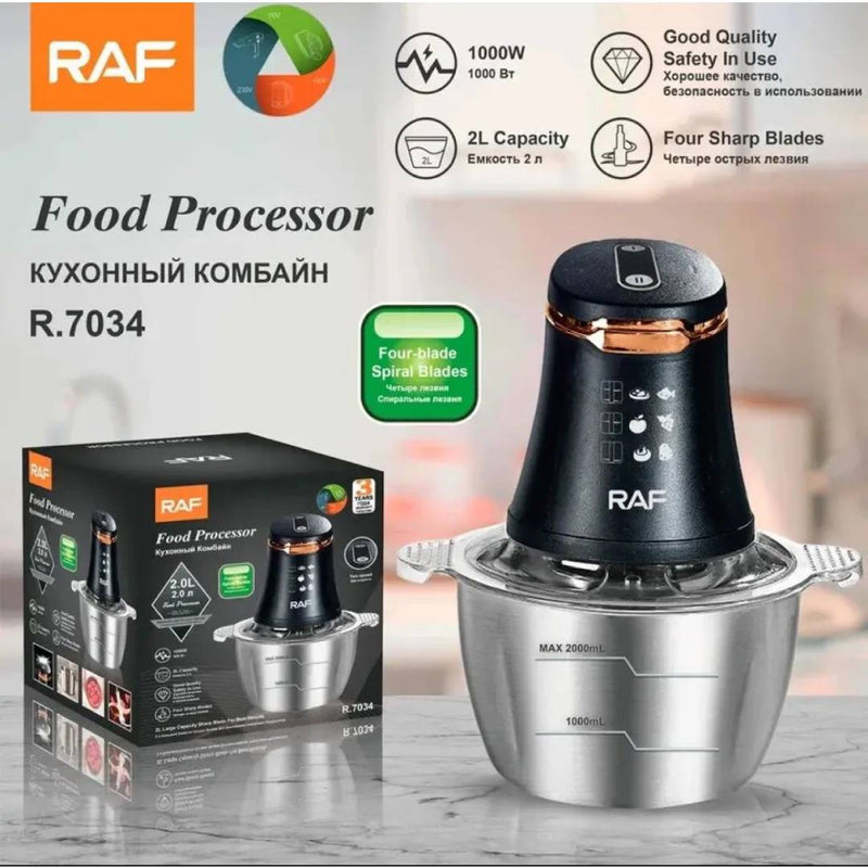 RAF Food Processor Chopper Stainless Steel Kitchen Blender 4 Sharp Blades 2 Liter Capacity R.7034