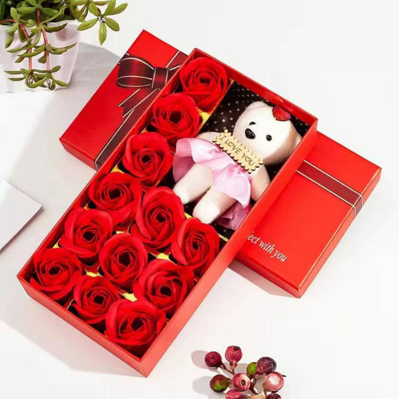 Valentine Decor Gift Set Showpiece Teddy Bear And Red Flowers